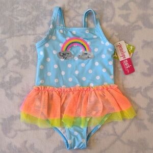 Penelope Mack blue and white polka dot rainbow cloud swimsuit 24 months